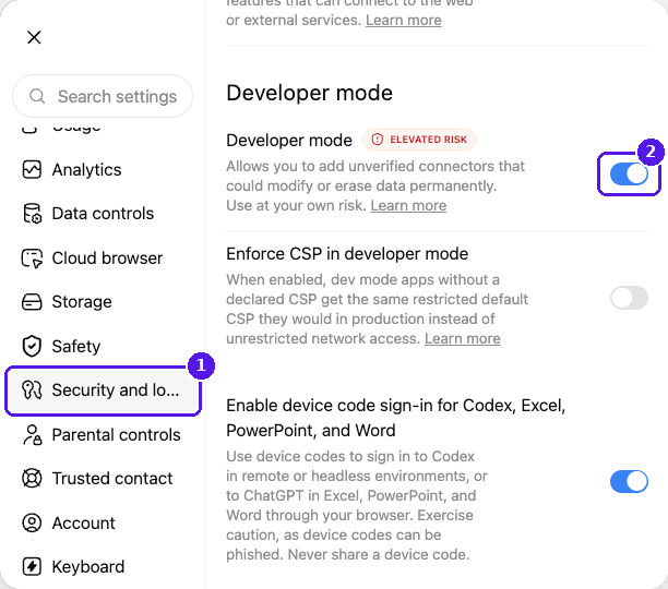 ChatGPT Security and login settings with the Developer mode switch turned on