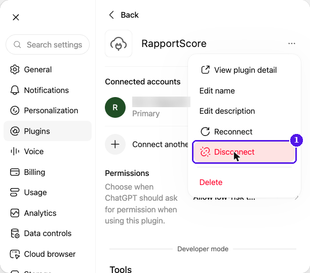 RapportScore plugin menu in ChatGPT with Disconnect highlighted