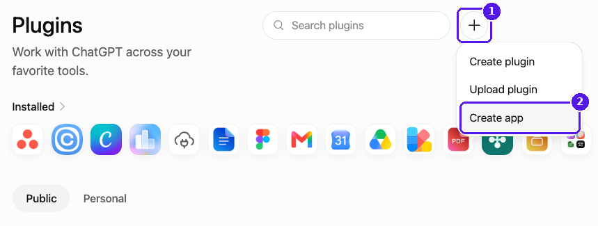 ChatGPT Plugins page with the plus button open and Create app highlighted