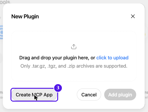 New Plugin window with the Create MCP App button highlighted