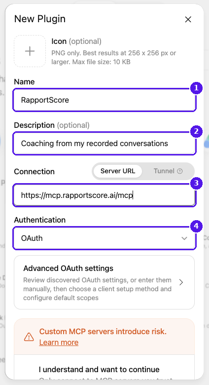 New Plugin form filled in with the RapportScore name, description, server URL and OAuth