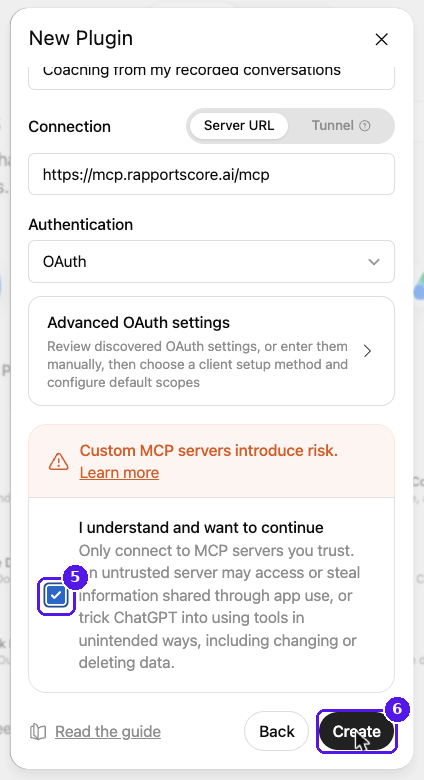 The confirmation checkbox checked and the Create button highlighted