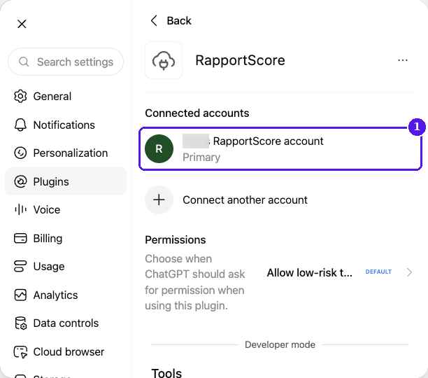 RapportScore plugin settings in ChatGPT showing a connected RapportScore account