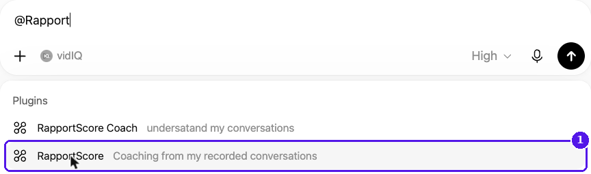 Typing @Rapport in the ChatGPT message box with RapportScore in the plugin list