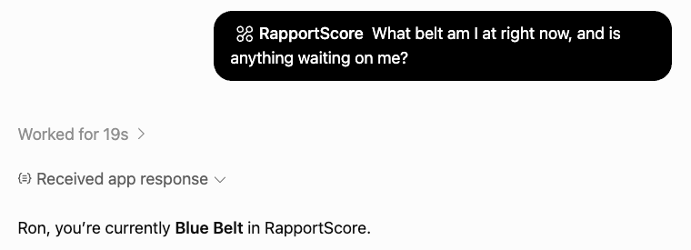 ChatGPT answering a RapportScore question with the user's current belt