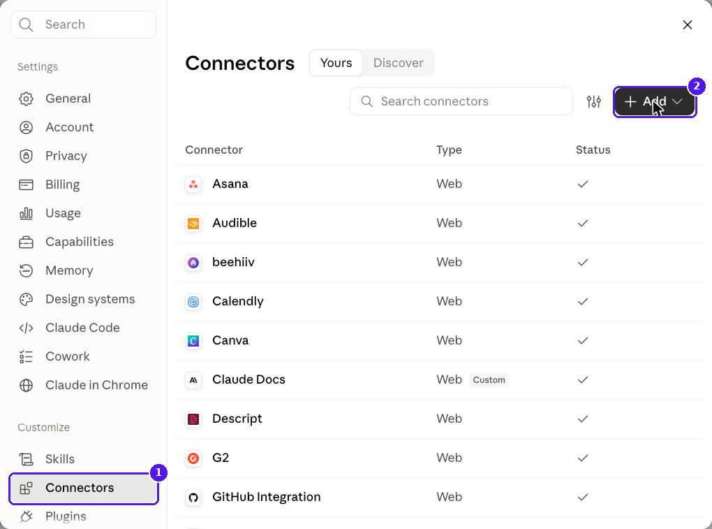 Claude settings with Connectors selected under Customize and the Add button at the top right