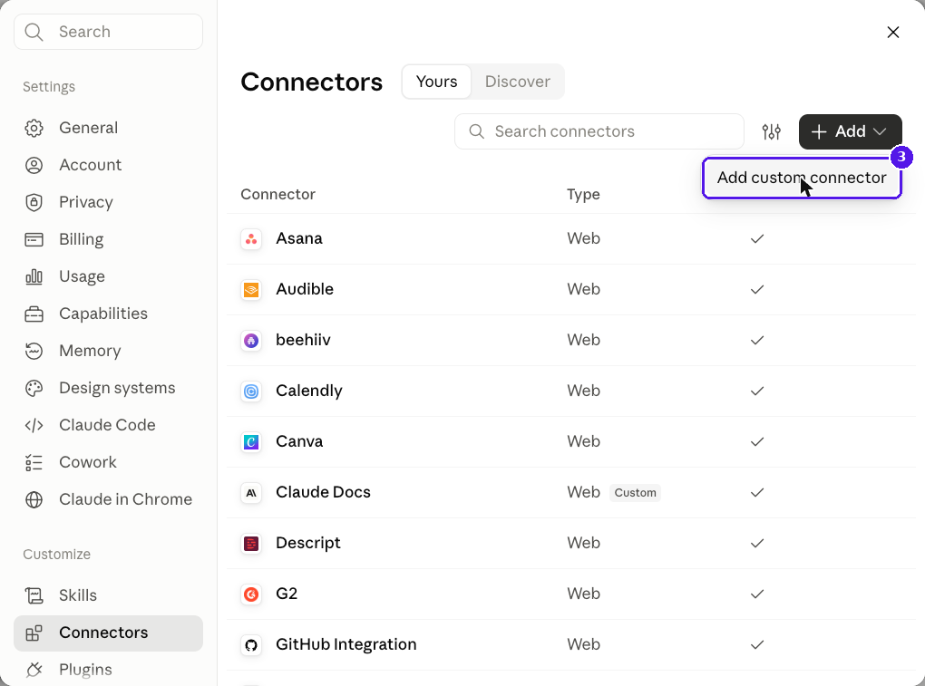 The Add menu open with Add custom connector highlighted