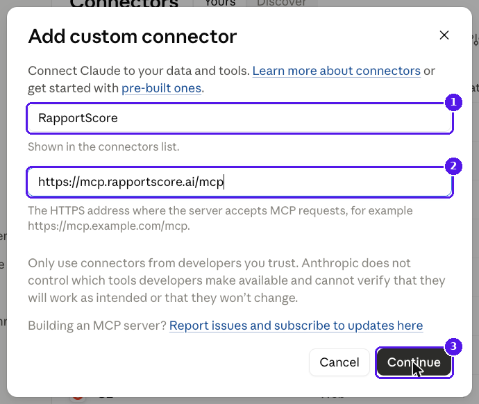 Add custom connector form with RapportScore as the name and the RapportScore server address