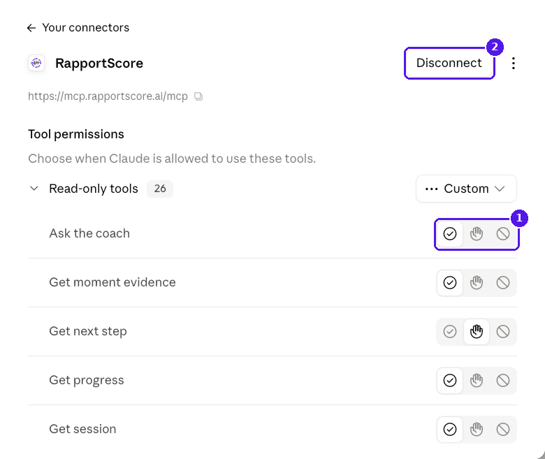 RapportScore connector page in Claude showing tool permissions and the Disconnect button