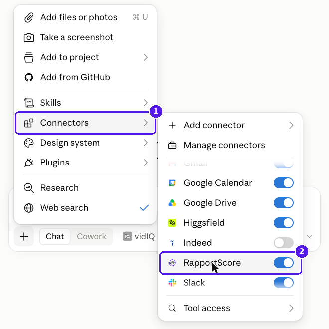 Claude chat menu with Connectors open and the RapportScore switch turned on