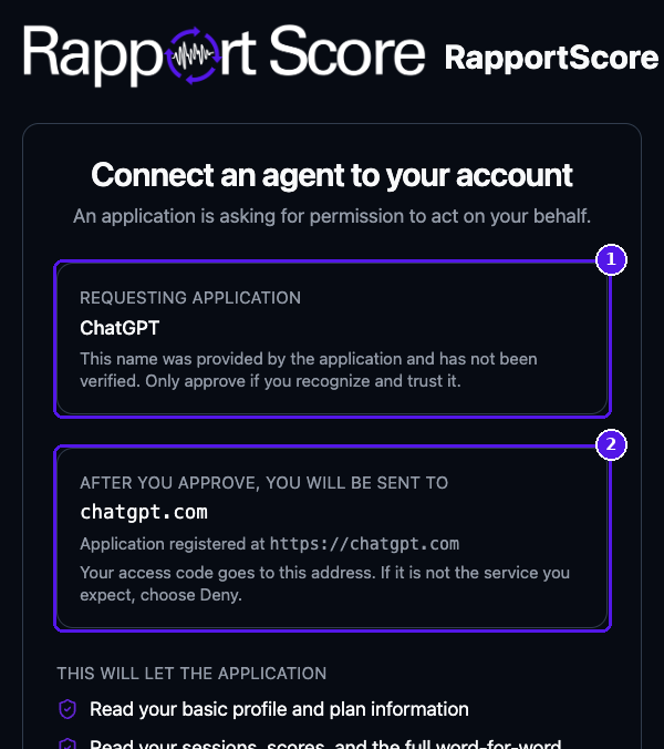 RapportScore consent page showing the requesting application and the website you'll be sent to