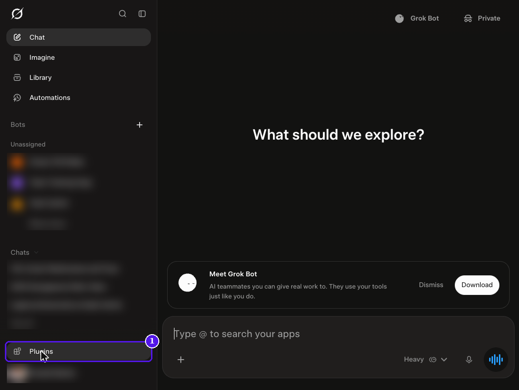 Grok home screen with Plugins highlighted at the bottom of the sidebar