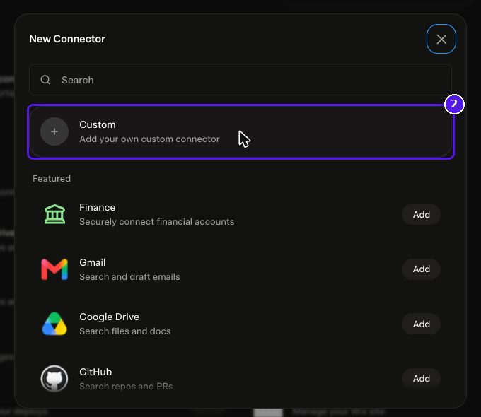 Grok New Connector window with the Custom option highlighted