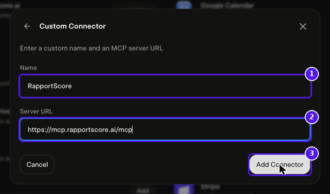 Grok Custom Connector form with the RapportScore name and server URL