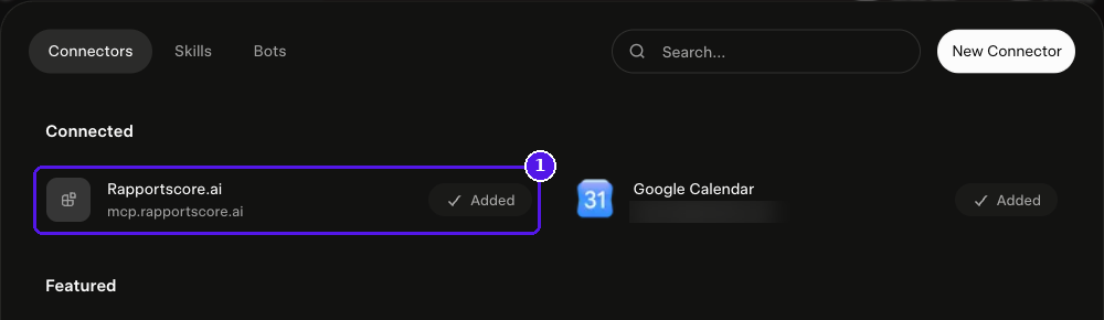 Grok Connectors page with RapportScore listed under Connected