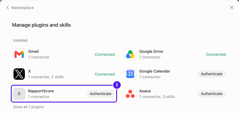 Grok Bot Manage plugins and skills screen with RapportScore and its Authenticate button