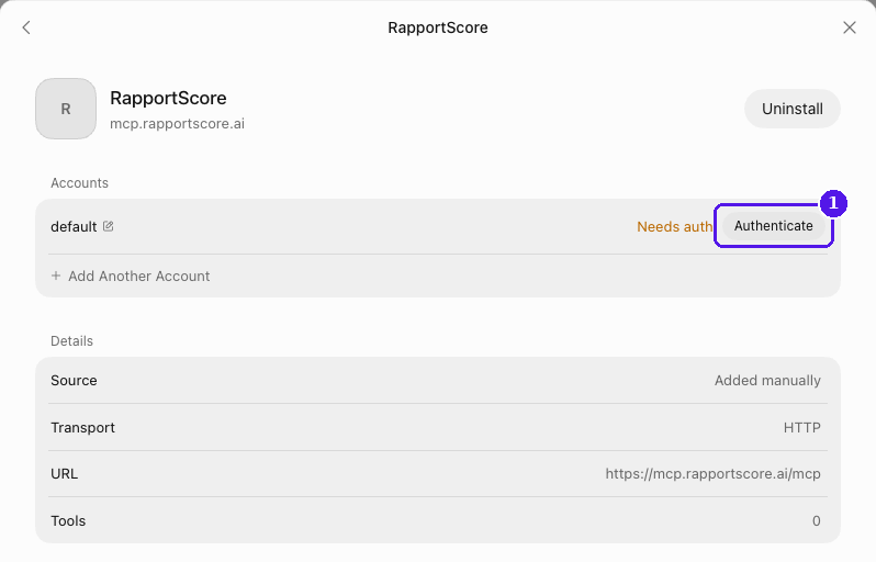 RapportScore plugin details in Grok Bot with the Authenticate button