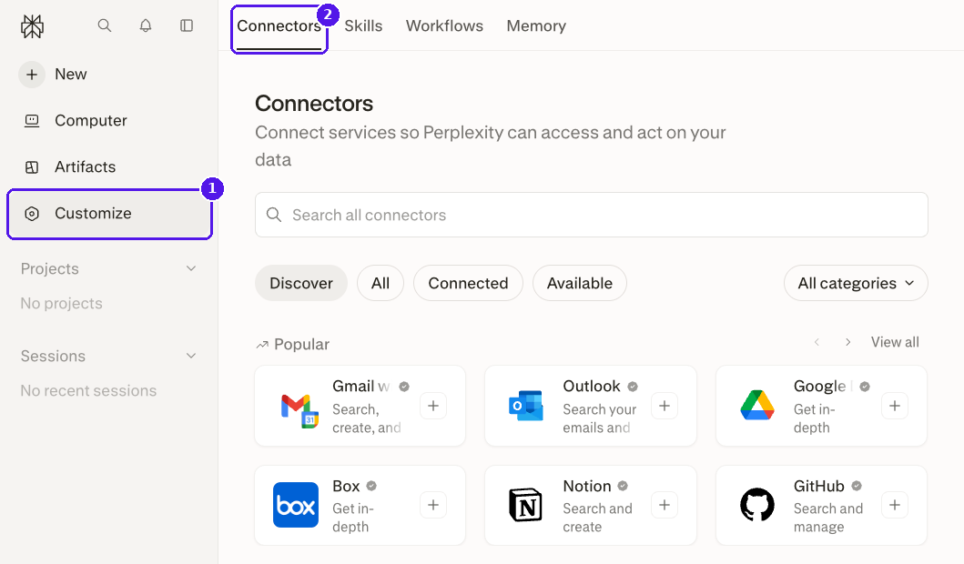 Perplexity Customize page with the Connectors tab open